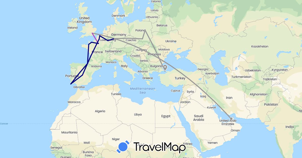 TravelMap itinerary: driving, plane, train in United Arab Emirates, Belgium, Germany, Spain, France, United Kingdom, Luxembourg, Poland, Portugal, Turkey (Asia, Europe)