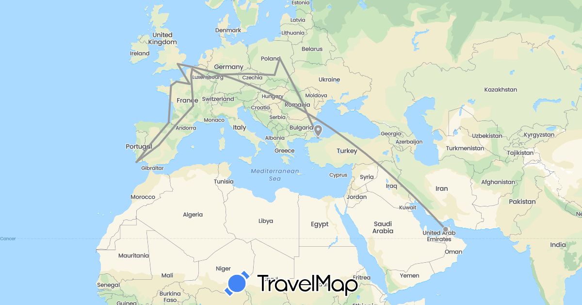 TravelMap itinerary: driving, plane in United Arab Emirates, Belgium, Germany, Spain, France, United Kingdom, Luxembourg, Poland, Portugal, Turkey (Asia, Europe)